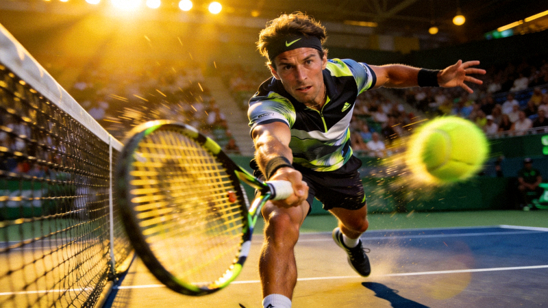 网球大满贯决赛精彩回合 - 选手正手大力抽球